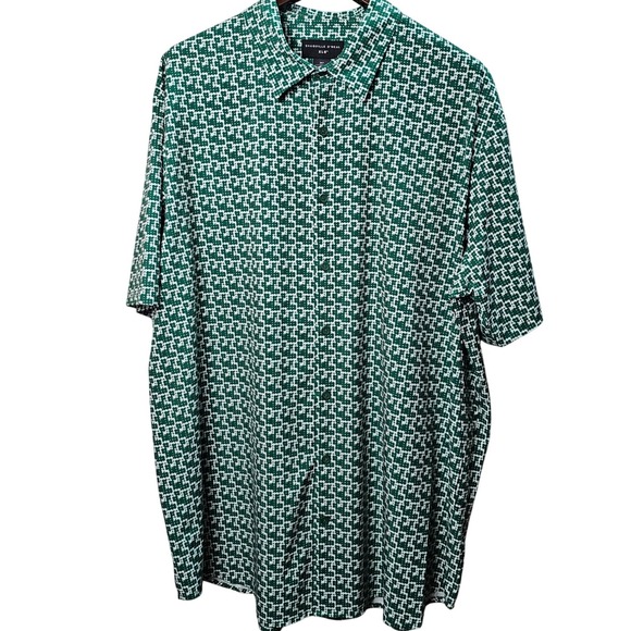 Shaquille O'Neal XLG Mens 2XLT Green White Geometric Floral Button Down Shirt - Picture 5 of 8
